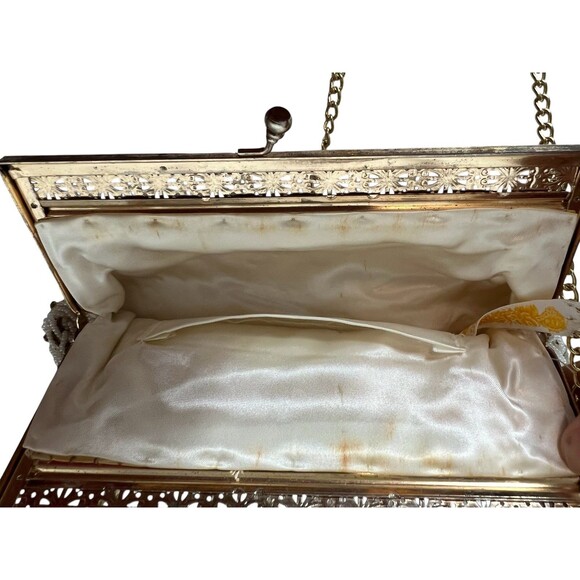 Ed B. Robinson Vintage White & Gold Beaded Evening Hinged Clutch w Chain Strap - Picture 6 of 10